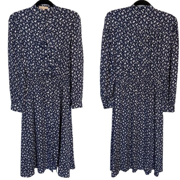 Michael Kors Collection- Women’s Blue Floral 100% Silk Smocked Midi Dress, Sz 12 - Picture 1 of 15